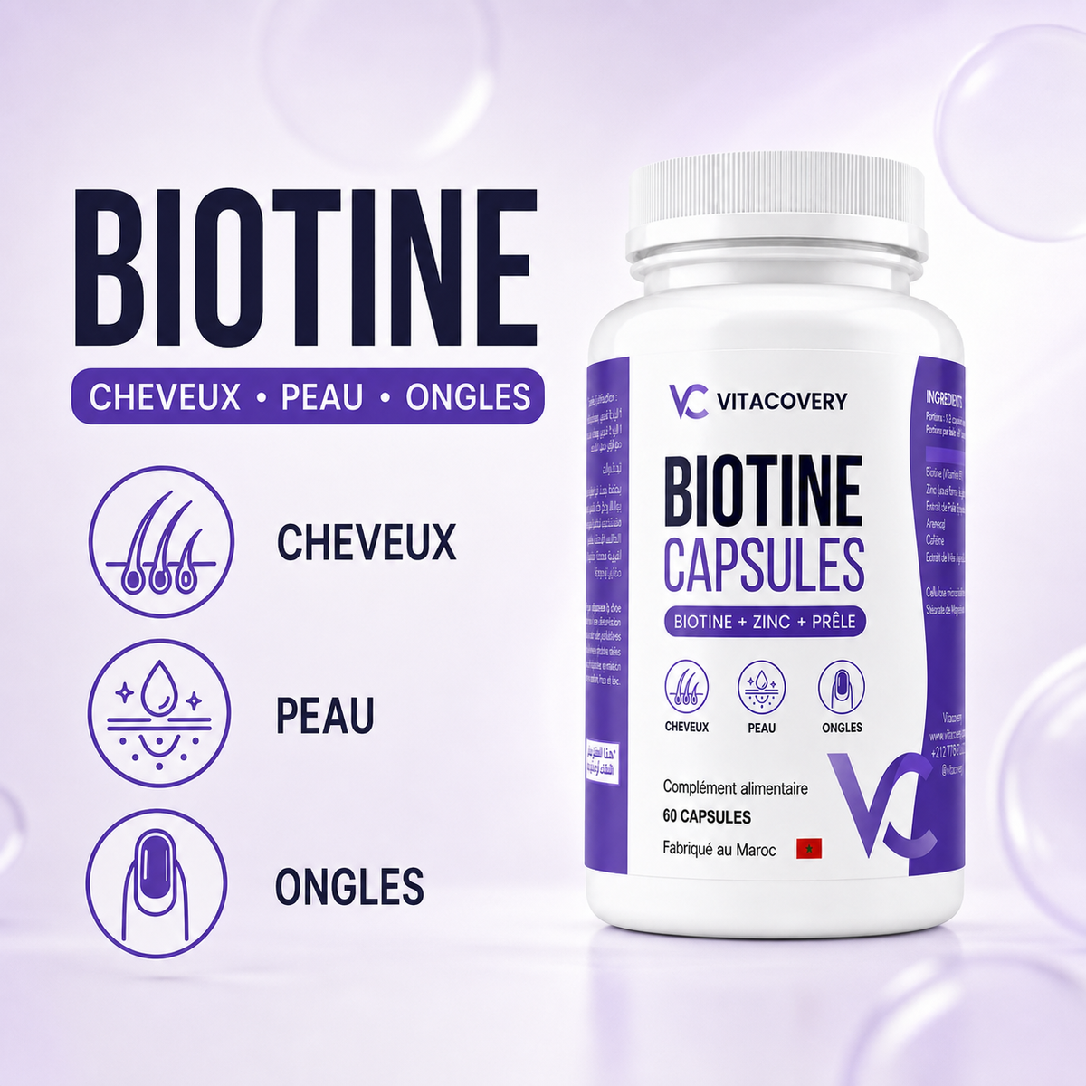 Vitacovery Biotin – Biotine, Zinc & Complexe Botanique – 60 Gélules