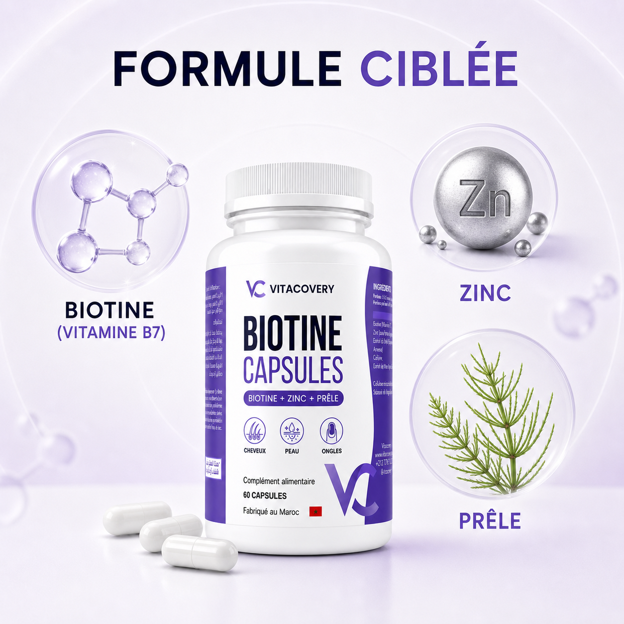 Vitacovery Biotin – Biotine, Zinc & Complexe Botanique – 60 Gélules